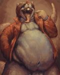  2015 4:5 abdominal_bulge anthro brown_hair clothing fur grabbing_belly grendel grey_body grey_fur hair hi_res huge_belly jacket jacket_only long_tail long_tongue male mammal moobs mostly_nude murid murine navel nommz obese obese_anthro obese_male open_mouth overweight overweight_anthro overweight_male pointing_at_mouth rat red_clothing red_jacket red_topwear rodent simple_background solo tail thick_tail thick_thighs thigh_up tongue topwear wide_mouth 