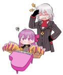  1boy 1girl anger_vein angry antonio_salieri_(fate) antonio_salieri_(second_ascension)_(fate) ascot black_gloves breasts cleavage closed_eyes dot_nose facepalm fate/grand_order fate_(series) gloves grey_hair hair_between_eyes huge_breasts instrument jacket jewelry jitome long_hair mechanical_arms mini_piano o-ring oneroom-disco open_mouth passionlip_(fate) piano purple_eyes purple_hair red_ascot ring see-through see-through_cleavage shaded_face shirt solo squiggle striped striped_jacket suit_jacket vertical-striped_jacket vertical_stripes wavy_mouth white_background white_shirt 