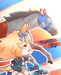  1girl animal animal_ears blonde_hair blue_bow bow character_name chibi choker chokueji cutoffs denim denim_shorts ear_bow ear_ornament english_text gold_city_(umamusume) highres horse horse_ears horse_girl horse_tail jacket long_hair mask midriff mixed-language_commentary open_clothes open_jacket open_mouth running shorts strapless tail thigh_strap tube_top umamusume 