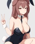  animal_ears breasts brown_hair cleavage dog_ears highres hololive inugami_korone large_breasts long_hair playboy_bunny red_eyes thighs v virtual_youtuber white_background zeropen 
