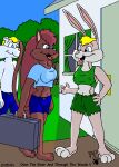  2001 anthro blonde_hair blue_eyes bottomwear breasts brown_body brown_fur brown_hair buckteeth building clothed clothing domestic_cat english_text felid feline felis female fur group hair house joy_bunny kthanid_(artist) lagomorph leporid long_hair male mammal martin_mink mink mustelid musteline nipple_outline open_mouth pink_nose rabbit rutwell_forest serenakty shirt shorts tail tan_body tan_fur tank_top teeth text topless topwear trio true_musteline white_body white_fur 