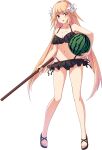  1girl bare_arms bare_legs bare_shoulders barefoot bikini black_bikini black_footwear blonde_hair blush breasts brooklyn_(kancolle) cleavage collarbone flower food frilled_bikini frills fruit full_body hair_flower hair_ornament holding holding_food holding_fruit kantai_collection long_hair navel official_art red_eyes sandals solo swimsuit transparent_background ugume watermelon white_flower 