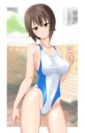  1girl absurdres bench black_eyes blurry blurry_background breasts brown_eyes cameltoe collarbone commentary_request competition_swimsuit contrapposto covered_navel fence girls_und_panzer head_out_of_frame highleg highleg_swimsuit highres large_breasts looking_at_viewer medium_breasts nishizumi_maho one-piece_swimsuit short_hair solo swimsuit takafumi two-tone_swimsuit white_one-piece_swimsuit 