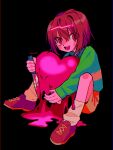  1girl black_background blood blood_on_knife brown_hair brown_shorts chara_(undertale) fingernails full_body green_sweater hair_between_eyes heart highres holding holding_heart holding_knife knife loose_socks marking_on_cheek menma_(enaic31) red_eyes red_footwear short_hair shorts sitting slit_pupils socks solo sweater teeth twitter_username undertale white_socks 