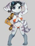  2023 anthro bikini blue_eyes breasts clothing cybernetic_arm cybernetic_limb ear_piercing ear_ring eyebrows eyewear eyewear_on_head female fur goggles goggles_on_head hi_res liteu lombax looking_at_viewer mammal navel nipple_outline piercing pink_nose ratchet_and_clank red_bikini red_clothing red_swimwear ring_piercing rivet_(ratchet_and_clank) smile solo sony_corporation sony_interactive_entertainment striped_body striped_fur stripes swimwear 