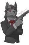  anthro canid canine canis claws clothed clothing fangs gift gun hair hi_res holding_object holding_weapon kredri looking_at_viewer male mammal ranged_weapon red_eyes simple_background smile solo suit teeth vampire weapon wolf 