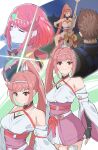  1boy 2girls absurdres bare_shoulders blunz bob_cut breasts brown_hair chest_jewel closed_eyes core_crystal_(xenoblade) glimmer_(xenoblade) high_ponytail highres holding holding_instrument instrument japanese_clothes kimono large_breasts long_hair multiple_girls off_shoulder pink_eyes pink_hair pyra_(xenoblade) red_hair rex_(xenoblade) short_hair swept_bangs tiara very_short_hair violin white_kimono xenoblade_chronicles_(series) xenoblade_chronicles_3 xenoblade_chronicles_3:_future_redeemed 