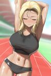  1girl arm_up armpits black_shorts black_sports_bra blonde_hair breasts clenched_teeth closed_eyes closed_mouth highres large_breasts midriff navel original purple_eyes running_track short_shorts shorts solo sports_bra sportswear stretching sweat teeth thighs twin_(tt_lsh) 