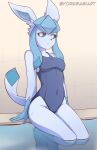  anthro blue_body blue_eyes blue_fur clothing eeveelution female fur generation_4_pokemon glaceon looking_at_viewer nintendo one-piece_swimsuit pokemon pokemon_(species) solo swimwear tail water yorusagi 