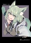  1girl :3 :q animal_ear_fluff animal_ears arknights black_border border breasts cat_ears cat_girl cat_tail dated detached_sleeves green_eyes green_hair grey_background grey_vest hand_up harmonie_(arknights) highres hood hood_down hooded_jacket infection_monitor_(arknights) jacket licking_lips long_hair long_sleeves looking_at_viewer medium_breasts mirin_chikuwa outside_border shirt simple_background solo tail tail_ornament tail_ring tongue tongue_out twitter_username vest white_jacket white_shirt 