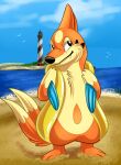  2022 2_tails 3_fingers 3_toes beach biped black_nose cheek_tuft chest_tuft detailed_background facial_tuft feet feral fingers floatzel fur generation_4_pokemon hi_res male multi_tail nintendo orange_body orange_fur outside pokemon pokemon_(species) sea seaside sky solo standing tail teeth toes tuft water wienerdogworks 