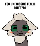  alien ambiguous_gender anthro blush boy_kisser_(meme) dialogue driptacular english_text fur green_eyes grey_body grey_fur hi_res horizontal_pupils looking_at_viewer mammal meme meme_face pivoted_ears pupils simple_background smile smiling_at_viewer solo talking_to_viewer text the_nature_of_predators venlil_(the_nature_of_predators) white_background 