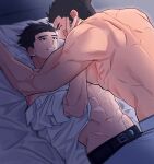  2boys abs alternate_body_hair bara couple cross_scar doku_(hitori_ox) from_side hand_on_another&#039;s_face highres houzouin_oniwaka large_pectorals light long_sideburns lying male_focus mature_male multiple_boys muscular muscular_male nipples on_back on_bed open_clothes open_shirt pectorals protagonist_3_(housamo) scar scar_on_face scar_on_forehead shadow short_hair sideburns smile straddling thick_eyebrows tokyo_afterschool_summoners topless_male yaoi 