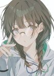  1girl adjusting_eyewear black_hair braid commentary cosplay film_grain glasses green_nails grey_eyes hair_between_eyes highres hood hoodie idolmaster idolmaster_shiny_colors long_hair looking_at_viewer mameko_(l8_w3) nail_polish official_alternate_hair_color round_eyewear serizawa_asahi serizawa_asahi_(cosplay) simple_background solo twin_braids white_background white_hoodie 