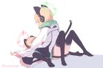  2girls animal_ear_headphones animal_ears black_thighhighs blonde_hair blue_archive bow cat_ear_headphones cat_tail fake_animal_ears green_bow green_jacket hair_bow halo headphones highres jacket looking_at_another lying mechanical_tail medium_hair midori_(blue_archive) momoi_(blue_archive) multiple_girls ruten_(onakasukusuku) siblings sisters sitting skirt straddling tail thighhighs thighs twins twitter_username white_jacket 