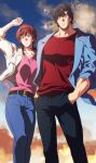  1boy 1girl arm_up belt black_belt black_eyes black_hair black_pants blue_jacket blue_pants brown_eyes brown_hair city_hunter collarbone feet_out_of_frame hand_in_pocket highres jacket makimura_kaori muscular muscular_male pants parted_lips pectorals pink_shirt red_shirt saeba_ryou shirt white_jacket yuu_(masarunomori) 