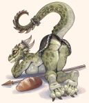  4_toes all_fours anthro argonian ass_up bethesda_softworks bottomwear breasts butt clothed clothing feet female fivel hi_res horn looking_at_viewer looking_back looking_back_at_viewer lusty_argonian_maid pupils rear_view scalie simple_background skirt slit_pupils smile soles solo the_elder_scrolls toes topless under_boob white_background yellow_eyes 