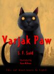  ambiguous_gender artist_name black_nose book_cover cover dave_mckean domestic_cat english_text felid feline felis feral fur grey_body grey_fur looking_at_viewer male_(lore) mammal mesopotamian_blue no_pupils official_art orange_eyes red_text simple_background solo tail text varjak_paw varjak_paw_(character) yellow_background 