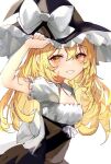  1girl adapted_costume black_dress black_headwear blonde_hair bow dress grin hair_between_eyes hat hat_bow kirisame_marisa long_hair sakizaki_saki-p shirt short_sleeves simple_background smile solo touhou twitter_username white_background white_bow white_shirt witch_hat yellow_eyes 