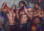  3boys abs aenaluck artist_name audec_(aenaluck) bara beard black_hair black_pants carlnes_(aenaluck) chest_hair closed_mouth confetti crossed_arms facial_hair flag grey_hair holding holding_flag large_pectorals lgbt_pride looking_at_another male_focus master_(aenaluck) multiple_boys muscular muscular_male navel nipples original pants pectorals rainbow_print short_hair shorts smile teeth topless_male 