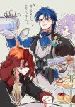  1girl 2boys angry arvis_(fire_emblem) ascot blue_ascot blue_eyes blue_hair cake clenched_hand cup fire_emblem fire_emblem:_genealogy_of_the_holy_war fire_emblem_heroes food highres holding holding_plate holding_teapot multiple_boys official_alternate_costume plate ponytail pouring_onto_another purple_eyes purple_hair red_hair sigurd_(fire_emblem) sigurd_(tea_party)_(fire_emblem) spilling ta_dasu_(tadasu_hayashi) tailtiu_(fire_emblem) tailtiu_(tea_party)_(fire_emblem) tea teacup teapot tiered_tray 