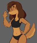  2019 4_claws 4_fingers anthro arm_tuft biped black_bra black_clothing black_nose black_panties black_sports_bra black_underwear bra breasts brown_body brown_countershading brown_eyebrows brown_fur brown_hair brown_hairband brown_tail brown_tuft canid canine canis chest_tuft circle_eyebrows claws clothed clothing colored countershade_face countershade_neck countershade_torso countershading digital_drawing_(artwork) digital_media_(artwork) domestic_dog eyebrows eyelashes eyewear female female_anthro finger_claws fingers front_view fur glasses grey_background hair hand_on_hip hi_res izzie_(kabula) kabula_(artist) looking_aside mammal medium_hair mouth_closed navel panties partially_clothed partially_clothed_anthro partially_clothed_female portrait round_glasses simple_background small_breasts solo sports_bra standing tail three-quarter_portrait three-quarter_view tuft underwear underwear_only 