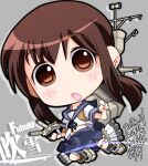  1girl adapted_uniform black_socks blue_skirt brown_eyes brown_hair cannon character_name chibi fubuki_(kancolle) highres kantai_collection kuroneko_(kuroneko_works) low_ponytail miniskirt open_mouth pleated_skirt ponytail rigging school_uniform serafuku short_hair short_ponytail short_sleeves sidelocks skirt smokestack socks solo torpedo 