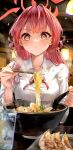  1girl :i aru_(blue_archive) blue_archive blurry blush breasts chopsticks cup demon_horns depth_of_field drinking_glass dumpling eating food halo highres holding holding_chopsticks holding_spoon horns jiaozi looking_at_food medium_breasts noodles pink_hair pov_across_table ramen restaurant revision shirt solo sparkle spoon steam sushi_maruu sweatdrop upper_body white_shirt 
