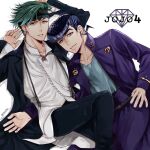  2boys adapted_costume anchor_ornament black_hair blue_eyes earrings gakuran green_eyes green_hair headband heart-shaped_ornament higashikata_josuke highres jacket jewelry jojo_no_kimyou_na_bouken kishibe_rohan kishibe_rohan_wa_ugokanai lying male_focus mikan03260 multiple_boys on_back open_clothes open_jacket peace_symbol pompadour purple_hair purple_jacket school_uniform 