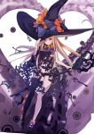  1girl abigail_williams_(fate) bare_shoulders black_bow black_headwear black_panties black_thighhighs blonde_hair blush bow breasts fate/grand_order fate_(series) full_body hair_bow hat highres key long_hair looking_at_viewer navel orange_bow panties parted_bangs polka_dot polka_dot_bow red_eyes single_thighhigh small_breasts solo tentacles thighhighs underwear ura_illust witch_hat 