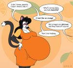  &copy; 2023 anthro belly big_belly black_hair blush breasts clothed clothing digital_media_(artwork) domestic_cat dress english_text felid feline felis female fur grey_body grey_fur hair hi_res mammal multicolored_body multicolored_fur open_mouth orange_clothing orange_dress pregnant purple_eyes satsumalord solo speech_bubble sylvia_(satsumalord) symbol text two_tone_body two_tone_fur white_body white_fur 