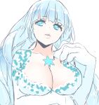 1girl blue_eyes blue_hair body_fur breasts cleavage dahlia_(xenoblade) large_breasts long_hair looking_at_viewer mizuki_riko parted_lips simple_background smile solo upper_body very_long_hair white_background xenoblade_chronicles_(series) xenoblade_chronicles_2 