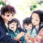  1girl 3boys ^_^ aged_down aqua_hair black_hair blue_hair blue_kimono blurry brothers brown_hair carrying child child_carry closed_eyes colored_tips day depth_of_field egasumi extra family floral_print hair_over_shoulder hana_ni_nare happy highres hug japanese_clothes kimetsu_no_yaiba kimono laughing leaf long_hair long_sleeves looking_at_another male_child multicolored_hair multiple_boys nature open_mouth pink_kimono ponytail red_eyes siblings sidelocks streaked_hair tokitou_muichirou tokitou_yuichirou twins two-tone_hair upper_body wide_sleeves 