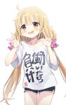  1girl absurdres ahoge black_shorts blonde_hair blush collarbone dolphin_shorts double_w futaba_anzu hair_ornament hair_scrunchie highres idolmaster idolmaster_cinderella_girls kunikune long_hair looking_at_viewer print_shirt scrunchie shirt short_shorts shorts simple_background single_bare_shoulder smile solo twintails very_long_hair w white_background white_shirt 