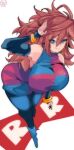  1girl android_21 blue_eyes breasts brown_hair dragon_ball dragon_ball_(classic) highres kinakomochi_(user_vedc2333) large_breasts long_hair looking_at_viewer salute sleeveless solo white_background 