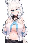  1girl animal_ears belt black_belt blue_eyes braid breasts detached_sleeves fox_ears fox_girl hego_0102 hololive large_breasts looking_at_viewer navel shirakami_fubuki shirakami_fubuki_(1st_costume) simple_background single_braid solo tagme virtual_youtuber white_background white_hair white_sleeves 