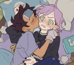  2girls amity_blight black_nails blush brown_hair closed_eyes couple cuddling dark-skinned_female dark_skin dayama highres jewelry kiss kissing_cheek luz_noceda multiple_girls necklace pillow pointy_ears purple_hair short_hair sock_puppet the_owl_house tissue very_short_hair yellow_eyes yuri 