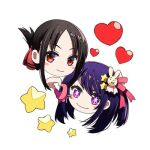  2girls 4b-enpitsu black_hair blush chibi closed_mouth commentary creator_connection cropped_head floating_hair folded_ponytail gloves hair_ornament hair_ribbon heart heart_hands heart_hands_duo hoshino_ai_(oshi_no_ko) kaguya-sama_wa_kokurasetai_~tensai-tachi_no_renai_zunousen~ long_hair looking_at_viewer lowres multicolored_hair multiple_girls one_side_up oshi_no_ko parted_bangs pink_gloves pink_hair pink_ribbon purple_hair rabbit_hair_ornament red_eyes ribbon shinomiya_kaguya sidelocks simple_background smile star-shaped_pupils star_(symbol) star_hair_ornament streaked_hair symbol-shaped_pupils white_background 