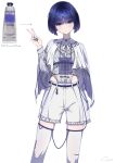  1girl belt blue_hair bob_cut ci4 grey_eyes hair_ornament hand_up highres inset jewelry long_sleeves lotion_bottle original personification shirt short_hair shorts signature simple_background solo thighhighs v white_background white_shirt white_shorts 