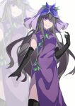  1girl black_gloves black_hair china_dress chinese_clothes dress elbow_gloves flower flower_on_head gloves grin hair_over_one_eye highres long_hair multiple_views nymphus purple_dress purple_eyes purple_flower simple_background smile touhou unfinished_dream_of_all_living_ghost vine_print white_background yomotsu_hisami zoom_layer 