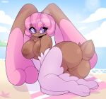  anthro areola beach beach_towel big_breasts big_butt big_ears blissey breasts brown_areola brown_body brown_fur brown_nipples brown_pussy butt detailed_background eyebrow_through_hair eyebrows female fur generation_2_pokemon generation_4_pokemon genitals hair hi_res hybrid lopunny melissa_(sparkingyagi) miikotorii nintendo nipples pink_hair pokemon pokemon_(species) purple_eyes pussy seaside smile solo tail thick_thighs towel translucent translucent_hair tuft 