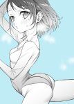  ass athletic_leotard blue_background blush breasts floating_hair greyscale greyscale_with_colored_background idolmaster idolmaster_cinderella_girls idolmaster_cinderella_girls_u149 leg_up leotard looking_at_viewer monochrome mushi024 sasaki_chie small_breasts solo sweat 