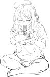  1girl ahoge barefoot cafe92 chopsticks closed_eyes closed_mouth commentary_request food food_in_mouth full_body greyscale highres holding holding_chopsticks holding_food instant_ramen korean_commentary light_blush long_hair monochrome noodles original shirt short_sleeves sitting solo 