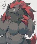  &lt;3 anthro biped breasts female fur generation_5_pokemon green_eyes grey_body grey_fur h_rin0u0 hi_res japanese_text nintendo pokemon pokemon_(species) red_body red_fur simple_background smile solo text white_background zoroark 