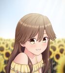  1girl absurdres alternate_costume arashio_(kancolle) brown_hair dress flower highres kantai_collection konato_k long_hair sky smile sundress sunflower yellow_dress yellow_eyes 