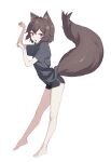  1girl :d absurdres animal_ear_fluff bare_legs barefoot black_shirt brown_hair ellu fang full_body gym_shorts highres looking_at_viewer open_mouth original paw_pose red_eyes shirt short_hair short_sleeves shorts simple_background smile tail white_background 