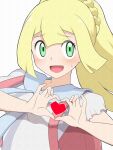  1girl :d backpack bag blonde_hair blush braid commentary_request drill_bulbul eyelashes frills green_eyes hands_up heart heart_hands highres lillie_(pokemon) long_hair open_mouth own_hands_together pink_bag pokemon pokemon_(game) pokemon_sm ponytail raised_eyebrows shirt short_sleeves smile solo sweatdrop tongue upper_body white_shirt 