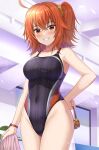  1girl ahoge bare_shoulders black_one-piece_swimsuit breasts collarbone covered_navel fate/grand_order fate_(series) fujimaru_ritsuka_(female) grin highleg highleg_swimsuit highres looking_at_viewer medium_breasts one-piece_swimsuit one_side_up orange_eyes orange_hair shibata_rai short_hair smile solo swimsuit thighs 