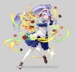  1girl ;d apron blue_dress brown_footwear cake commentary_request cookie dress fire_emblem fire_emblem:_genealogy_of_the_holy_war fire_emblem_heroes food full_body grey_background hair_ribbon hand_up long_hair maid maid_headdress official_alternate_costume official_art one_eye_closed open_mouth pantyhose petticoat ponytail puffy_short_sleeves puffy_sleeves purple_eyes purple_hair red_ribbon ribbon shoes short_sleeves simple_background smile solo tailtiu_(fire_emblem) tray urata_asao very_long_hair white_apron white_pantyhose 