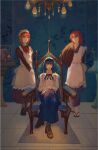  3girls ;) apron arm_behind_back armchair black_hair blue_eyes blue_skirt boots bow bowtie chair chandelier commentary_request crossed_legs frilled_apron frills fucha hair_between_eyes hair_bow hands_on_own_knee highres hisui_(tsukihime) knee_boots kohaku_(tsukihime) loafers long_sleeves maid maid_apron multiple_girls one_eye_closed orange_eyes parted_lips plant potted_plant red_bow red_hair scrunchie shoes short_hair siblings sidelocks skirt smile tabi tile_floor tiles tohno_akiha tsukihime twins vase wa_maid wallpaper_(object) white_scrunchie wide_sleeves 